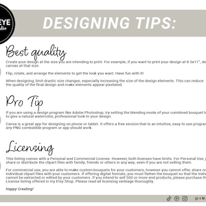 May include: A white and gray graphic with black text outlining design tips for creating digital artwork. The graphic includes three numbered steps: best quality, pro tip, and licensing. The text includes tips on creating high-quality designs, using design programs, and licensing information for personal and commercial use.