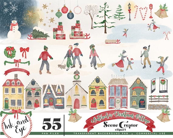 Watercolor Christmas Village Scene Creator Clipart, Winter Wonderland PNG, Holiday House PNG