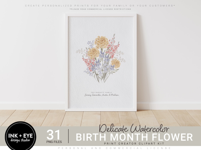 May include: A digital illustration of a watercolor bouquet of flowers in shades of pink, yellow, and blue. The flowers are arranged in a vase and the text "The Barnette Family Jeremy Samantha Austin & Madison" is written below the bouquet.