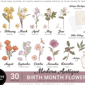 Birth Month Flowers Clipart, Antique Floral PNG bundle, DIY Birth Month Flower Print Creator Kit, Flower Graphic, Vintage Botanical Clipart