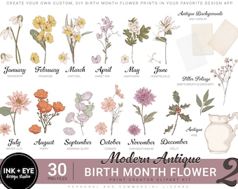 Birth Month Flowers Clipart: Antique Floral PNG Bundle (Digital Download)