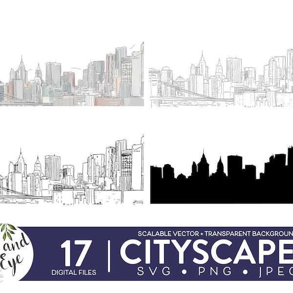 Cityscape SVG, City Line Drawing, City Silhouette / PNG / JPEG