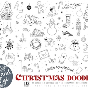 Christmas Doodles SVG Bundle, Hand Drawn Holiday SVG, Winter Line Art Clipart, Merry Xmas SVG