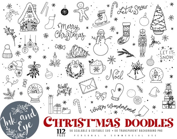 Christmas Doodles SVG Bundle, Hand Drawn Holiday SVG, Winter Line Art Clipart, Merry Xmas SVG