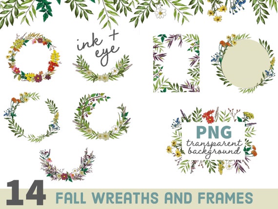 Fall Watercolor Flower Clipart, Digital Fall Wreath, Hand Painted Borders and Arrangements -  PNG BUNDLE