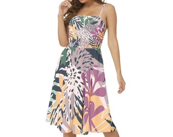 Colorful Floral Sleeveless Square Neck A-Line Midi Dress | Mid Length Dress | Vintage Style Dresses for Women