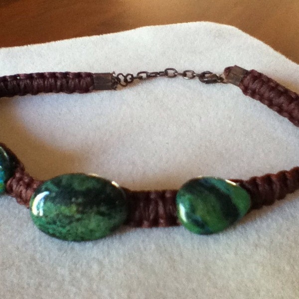 Neytiri - Avatar Inspired earthy choker necklace Brown hemp on faux leather, forest green and blue Chrysocolla center stones, adjustable