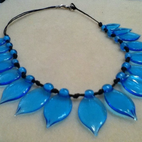 Bio-Luminescent - Bright Glowing Glass Leaf Teardrop beaded egyptian style Collar necklace,Aqua Blue Teardrops,Avatar Inspired