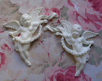 Shabby and Chic Cherubs w Rose Garland Pair Furniture Appliques Architectural Pediment
