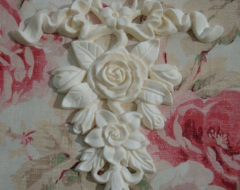 Shabby Chic Bow & Rose Floral Drop Center Furniture Applique Architectural Trim