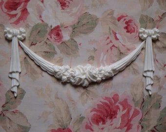 New! Gorgeous! Shabby Chic Carved Rose Swag with Bow Drops Furniture Applique Pediment