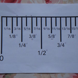 K&ouml;nnte beinhalten: Ein schwarz-wei&szlig;es Lineal mit Markierungen in Zoll und Bruchteilen von Zoll. Das Lineal ist von 0 bis 1 Zoll markiert, mit Markierungen f&uuml;r 1/16, 1/8, 1/4, 1/2, 3/4, 5/8, 7/8, 9/16, 11/16, 13/16 und 15/16.