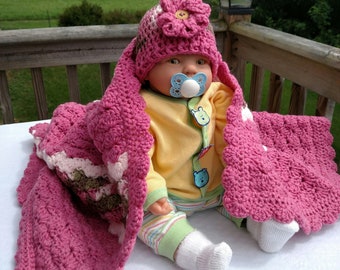 Crochet Baby Afghan Blanket & Newborn Hat Set: Pink Flower