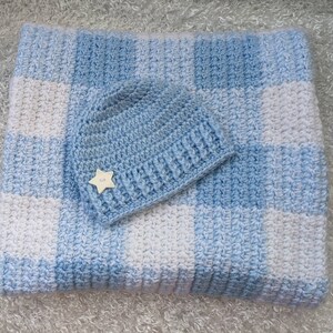 Crochet Gingham Baby Blanket and Hat Set, Blue and White