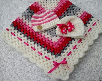 Handmade Crochet Baby Blanket and Hat Set: Pink, Gray, White