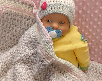 Crochet Baby Blanket and Hat Set: Pink, Gray, White - Newborn Gift