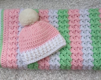 Crochet Baby Blanket & Hat Set: Pink, Mint, White (0-3 Months)