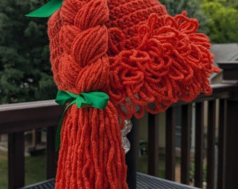 Crochet Cabbage Patch Kid Hat Wig (18" Circumference) – Pumpkin Orange, Green Ribbons