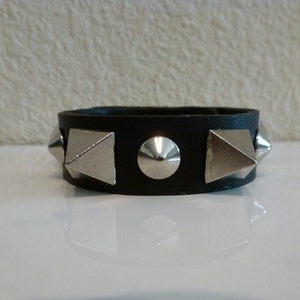 Black leather punk bracelet with silver spikes - 6&quot; interior circumference