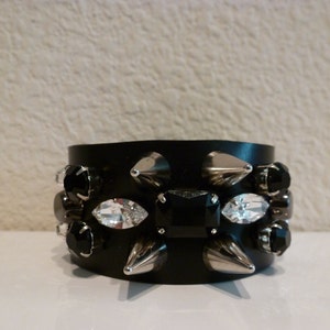 Black leather cuff with silver spikes and black and crystal jewels - 6 1/2&quot; interior circumference
