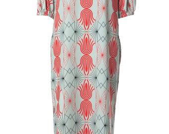 Maxi Women Dress, Maxi Dress with Side Slits, Puff Sleeved Summer dress,  Boho Women Shift Dress, Dress with Prints, Maxi Women Dress