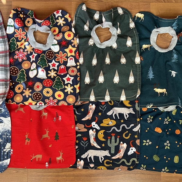 Two sided FLANNEL bibs with soft knit pullover neck. Soft, comfortable with good coverage.