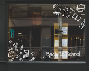 Back To School Illustrated Retail Window Vinyl. Shop Sign Vinyl Sticker. Visual Merchandising Decal Window Display