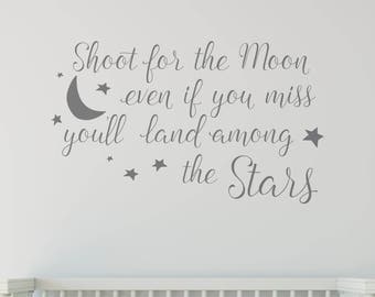 Shoot for the Moon Nursery Wall Decal | Stars & Moon Quote Wall Sticker | Baby Room Decor | Kids Bedroom Wall Art
