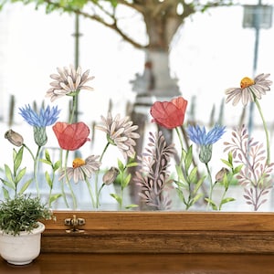 May include: Window decal featuring a watercolour design of various flowers, including red poppies, blue cornflowers, and white daisies. The flowers are arranged in a row along the bottom of the window, with green leaves and stems extending upwards.