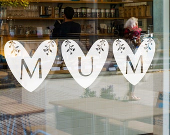 Mothers Day Mum Floral Hearts Window Retail Graphics. Visual Merchandising. Shop Window Sticker