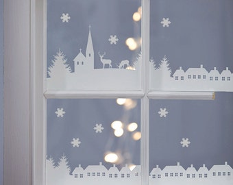 Christmas Village Scene Wall Stickers. Festive Window Sticker Decal. Xmas Decoration Stickers