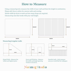 May include: Diagram showing how to measure a wall for wallpaper. The diagram shows how to measure a standard wall, a sloped wall, a wall with doors and windows, and a paneled wall. The text explains how to measure the width and height of the wall and how to add 10 cm to the width to allow for uneven walls and overlap. The text also explains how to divide the width by 62 cm to work out how many wallpaper drops are required. The text also explains how to choose a drop size that works with the wall height.