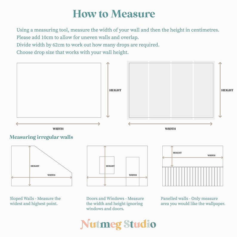 May include: Diagram showing how to measure a wall for wallpaper. The diagram shows how to measure a standard wall, a sloped wall, a wall with doors and windows, and a paneled wall. The text explains how to measure the width and height of the wall and how to add 10 cm to the width to allow for uneven walls and overlap. The text also explains how to divide the width by 62 cm to work out how many wallpaper drops are required. The text also explains how to choose a drop size that works with the wall height.