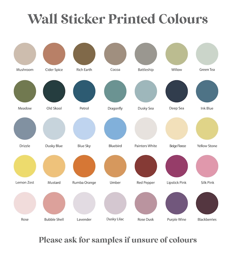 May include: A chart of 28 different color swatches with the names of each color listed below. The colors range from light to dark and include shades of green, blue, red, pink, yellow, brown, and purple.
