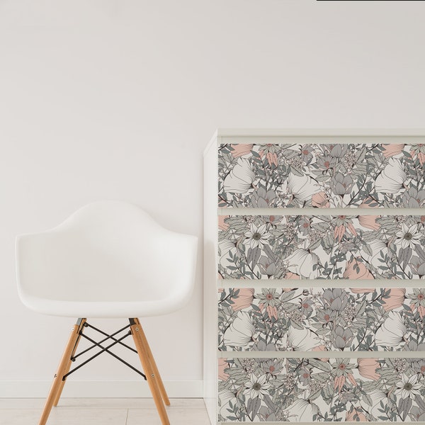 Pink And Grey Floral Stickers - Ikea Hack For Ikea Malm Drawers - Furniture Wall Stickers - Flower Home Decor - Furniture Upcycle