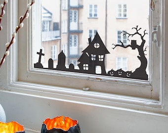 Spookachtig Halloweendorp Raamsticker | Halloween Raamdecoratie | Spookhuis Raamdecoratie | Halloween Decoratie