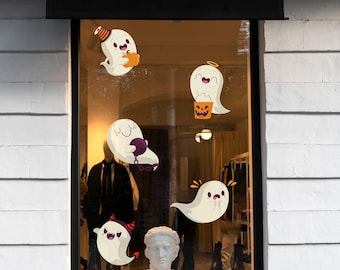 Brutale Ghost Set retailraamvinyl. Etalage-retailafbeeldingen. Fijne Halloween visuele merchandising