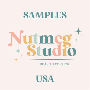 May include: A logo for a company called "Nutmeg Studio" with the tagline "Ideas That Stick". The logo is in a retro style with colourful text and stars. The text "SAMPLES" appears above the logo and "USA" appears below the logo.