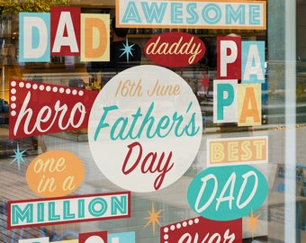 Retro Father's Day Window Retail Graphics Mural set. Visual Merchandising. Shop Window Sticker