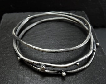 set of three bangles, raw silver bangles, statement bracelet, raw sterling silver bangles