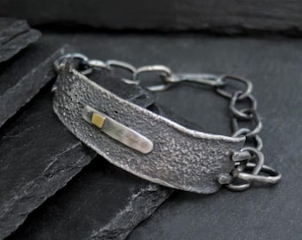 Silver & gold - men's bracelet, chunky oxidized sterling silver jewelry for him