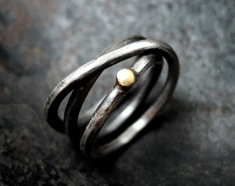 Silver ring with gold, sterling silver ring, wrap band