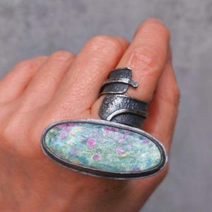 Ruby Zoisite Ring – Large Oval Sterling Silver Statement Ring Handmade Boho Jewelry Gift for Her