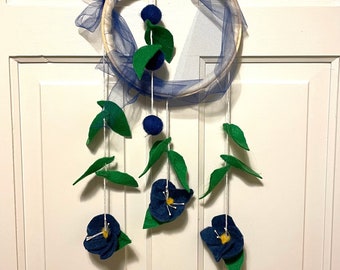 Wall hanging decoration with felted wool flowers leaves and balls in dark blue and green /Handmade hanging decor