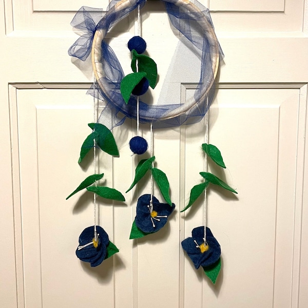 Wall hanging decoration with felted wool flowers leaves and balls in dark blue and green /Handmade hanging decor