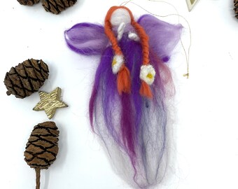 Handmade purple wool felted Fairy hanging decoration / Fairy Francesca with ginger braided hair / Waldorf Christmas ornament