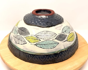 Handbuilt Ceramic Bowl - Hand-Painted Botanical Design - Rustic Terracotta Stoneware