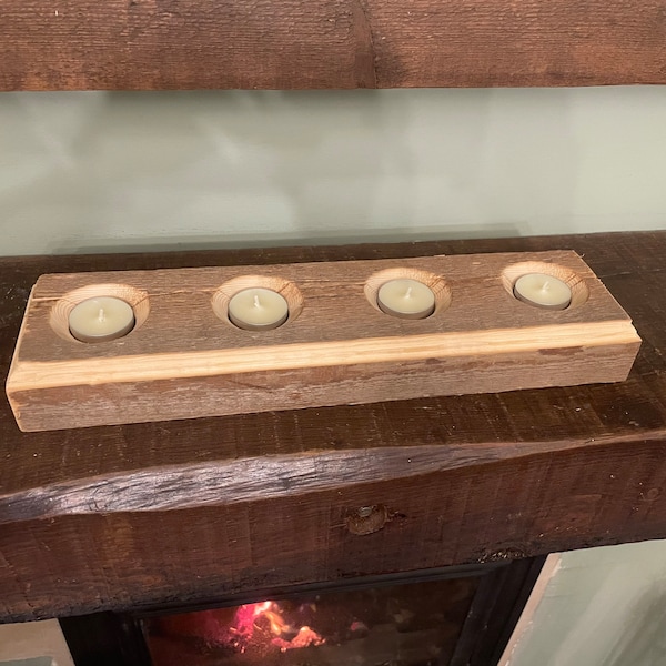 Natural Rustic Advent tealight candle holder for 4 tealight candles made from reclaimed rafter timber wood