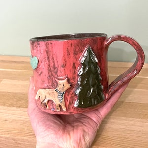 0.5 l Large mug with relief decoration of a fox, a snowman and a racoon / Valentines day large red ceramic mug /handmade ceramic mug