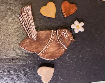 Autumn Ceramic Fridge Magnets, Singing Bird, Flower, Hearts, Set of 5